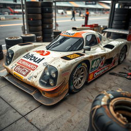 A racing car after completing the 24 Hours of Le Mans, showcasing wear and tear on its body