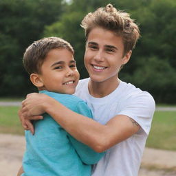 Justin Bieber in casual wear, embracing a young boy