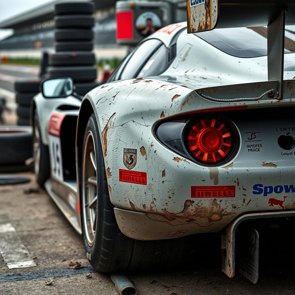 A racing car after completing the 24 Hours of Le Mans, showcasing wear and tear on its body