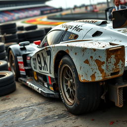 A racing car after completing the 24 Hours of Le Mans, showcasing wear and tear on its body