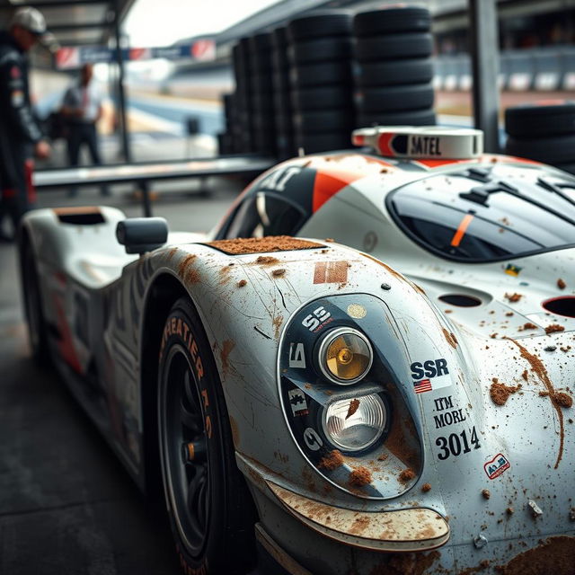 A racing car after completing the 24 Hours of Le Mans, showcasing wear and tear on its body