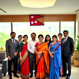 A scene depicting a diverse group of civil service employees from Nepal, consisting of both men and women