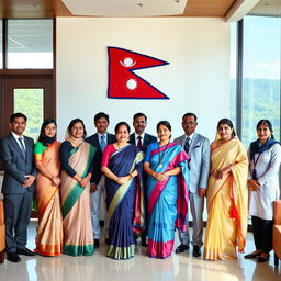 A scene depicting a diverse group of civil service employees from Nepal, consisting of both men and women