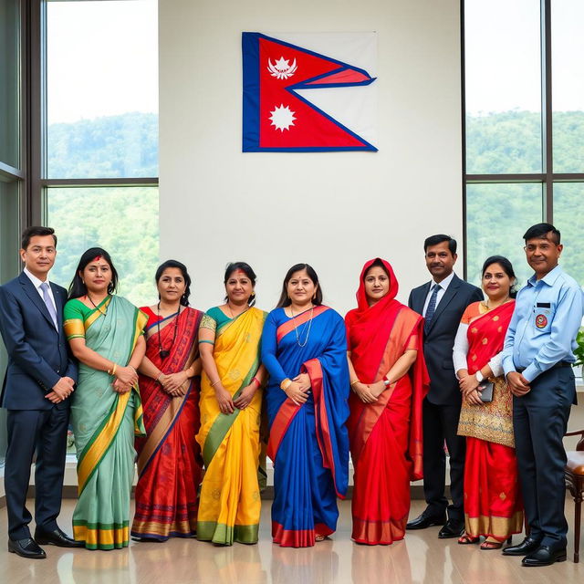 A scene depicting a diverse group of civil service employees from Nepal, consisting of both men and women