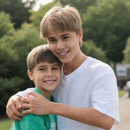 Justin Bieber in casual wear, embracing a young boy