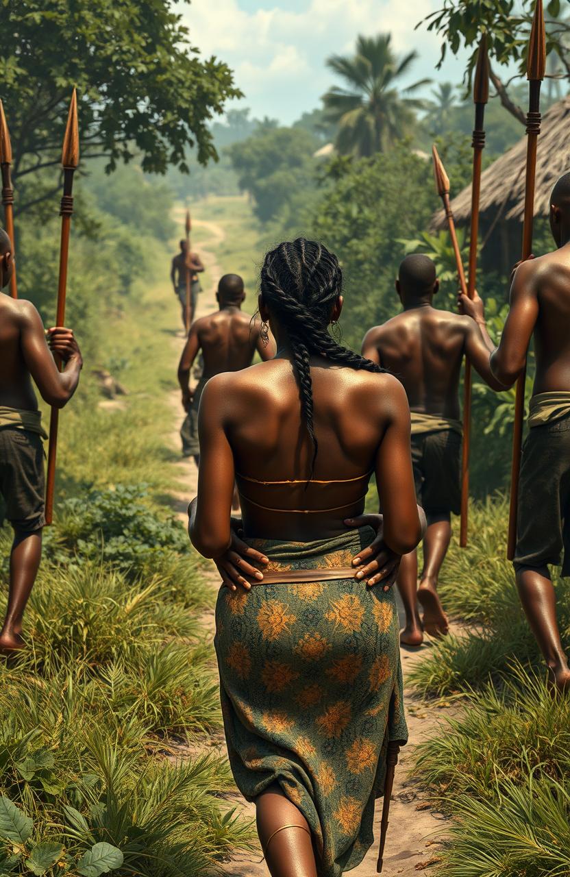 In a vividly depicted traditional African village, a scene unfolds on a bushy path