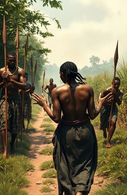 In a vividly depicted traditional African village, a scene unfolds on a bushy path