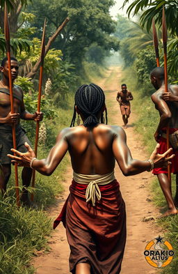 In a vividly depicted traditional African village, a scene unfolds on a bushy path