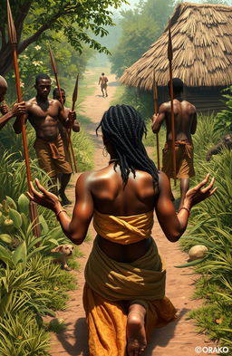 In a vividly depicted traditional African village, a scene unfolds on a bushy path