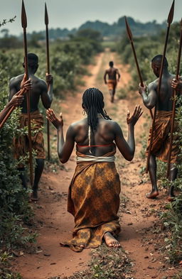In a rural setting, a young traditional African maiden, approximately 25 years old, is portrayed in distress as she is being forcefully pulled on the ground by five muscular chief guards, each around 37 years old, who hold spears