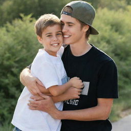 Justin Bieber in casual wear, embracing a young boy