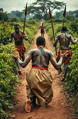 In a rural setting, a young traditional African maiden, approximately 25 years old, is portrayed in distress as she is being forcefully pulled on the ground by five muscular chief guards, each around 37 years old, who hold spears