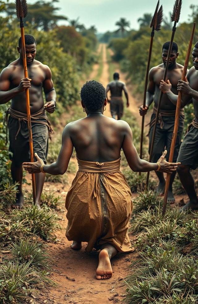 In a rural setting, a young traditional African maiden, approximately 25 years old, is portrayed in distress as she is being forcefully pulled on the ground by five muscular chief guards, each around 37 years old, who hold spears