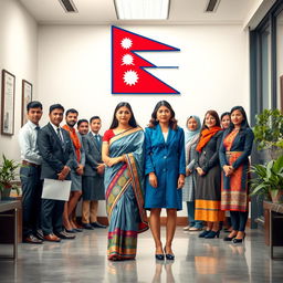 A book cover design featuring a scene set in a modern office environment, showcasing a group of civil service employees from Nepal