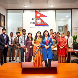 A book cover design featuring a scene set in a modern office environment, showcasing a group of civil service employees from Nepal