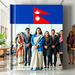 A book cover design featuring a scene set in a modern office environment, showcasing a group of civil service employees from Nepal