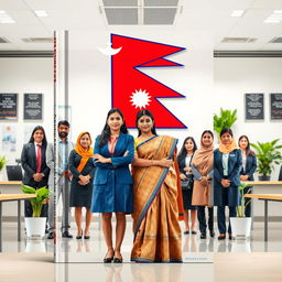 A book cover design featuring a scene set in a modern office environment, showcasing a group of civil service employees from Nepal