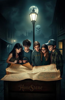 In a dark, mysterious small town at night, thick fog enveloping the cobblestone streets, a group of four diverse friends (a brave girl with long black hair, a brooding boy with a skateboard, an enthusiastic tech-savvy girl with glasses, and a rugged boy with a baseball cap) huddled around a flickering streetlamp, their expressions a mix of concern and determination