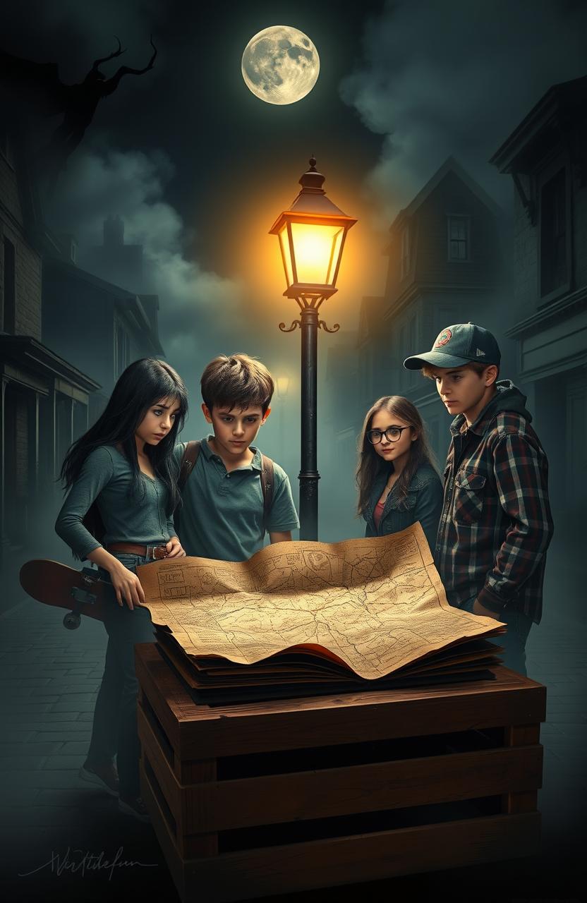 In a dark, mysterious small town at night, thick fog enveloping the cobblestone streets, a group of four diverse friends (a brave girl with long black hair, a brooding boy with a skateboard, an enthusiastic tech-savvy girl with glasses, and a rugged boy with a baseball cap) huddled around a flickering streetlamp, their expressions a mix of concern and determination