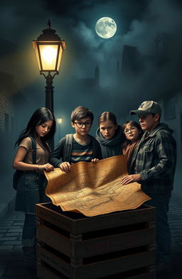 In a dark, mysterious small town at night, thick fog enveloping the cobblestone streets, a group of four diverse friends (a brave girl with long black hair, a brooding boy with a skateboard, an enthusiastic tech-savvy girl with glasses, and a rugged boy with a baseball cap) huddled around a flickering streetlamp, their expressions a mix of concern and determination