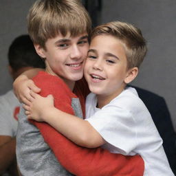 Justin Bieber, wearing his signature casual clothes, tightly hugs a young boy