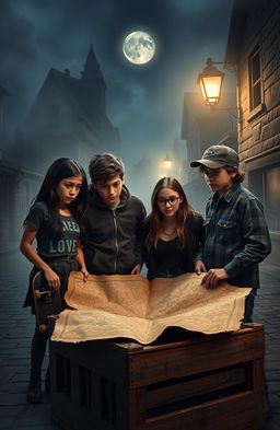 In a dark, mysterious small town at night, thick fog enveloping the cobblestone streets, a group of four diverse friends (a brave girl with long black hair, a brooding boy with a skateboard, an enthusiastic tech-savvy girl with glasses, and a rugged boy with a baseball cap) huddled around a flickering streetlamp, their expressions a mix of concern and determination
