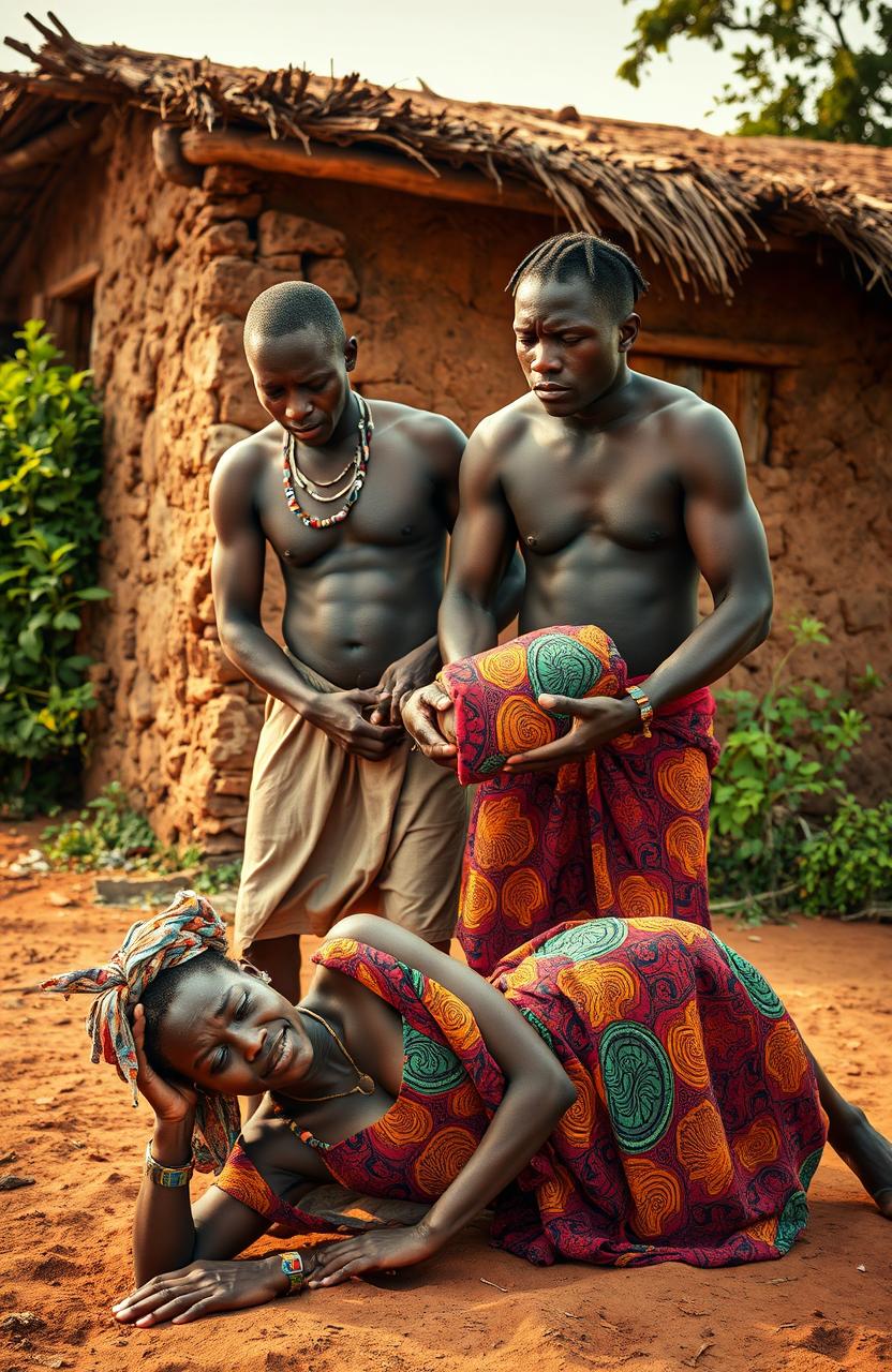 In a vivid scene set in front of a traditional African hut, two strong African men are gently carrying a baby, portraying a mix of determination and care