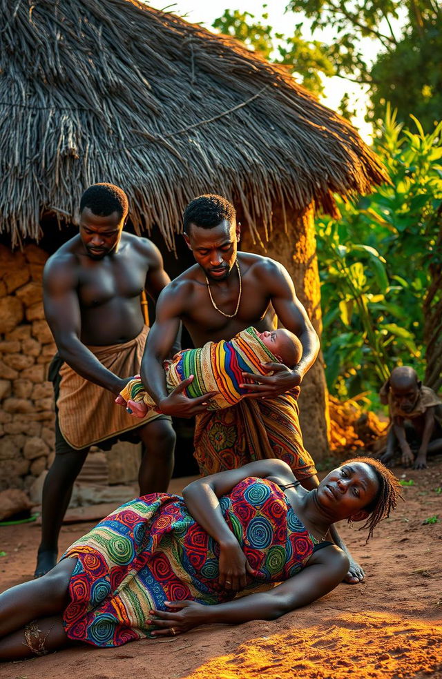 In a vivid scene set in front of a traditional African hut, two strong African men are gently carrying a baby, portraying a mix of determination and care