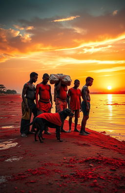 An open river bank depicted in the evening with a stunning sunset in the background