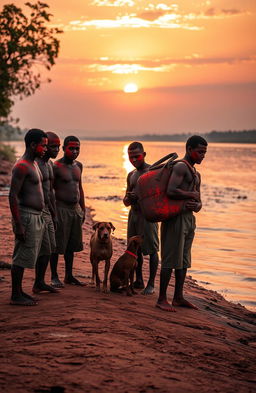 An open river bank depicted in the evening with a stunning sunset in the background