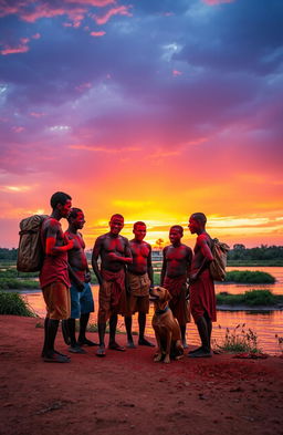 An open riverbank scene during the evening with a stunning sunset casting a warm glow over the landscape