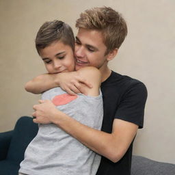 Justin Bieber, wearing his signature casual clothes, tightly hugs a young boy