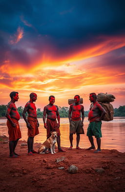 An open riverbank scene during the evening with a stunning sunset casting a warm glow over the landscape