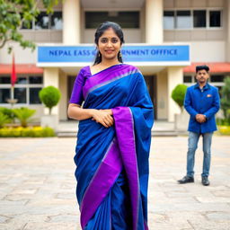 A woman standing elegantly in a blue saree with a striking purple border, symbolizing grace and beauty, in front of a backdrop showcasing a Nepalese government office