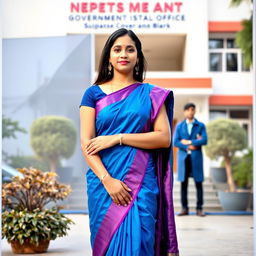 A woman standing elegantly in a blue saree with a striking purple border, symbolizing grace and beauty, in front of a backdrop showcasing a Nepalese government office