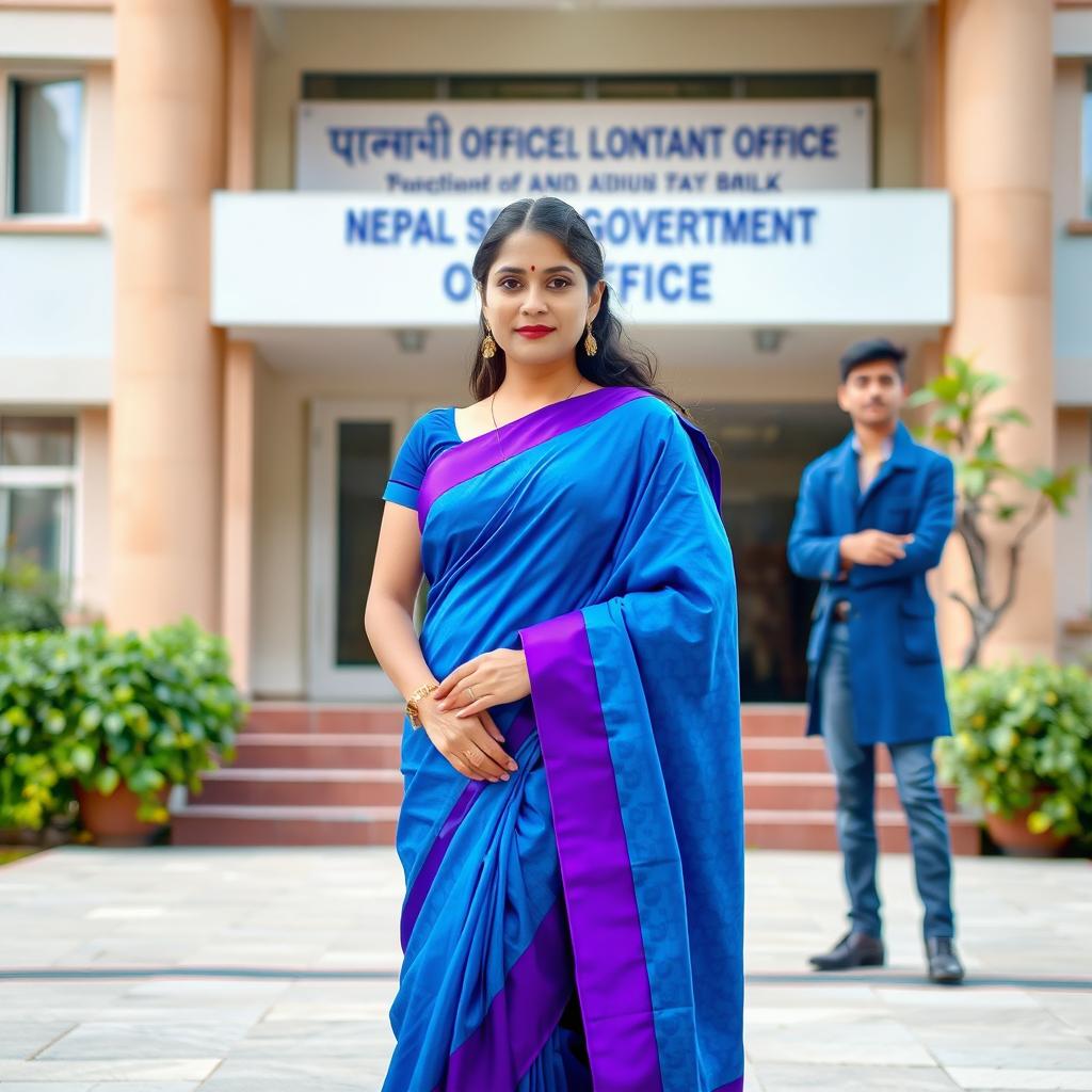 A woman standing elegantly in a blue saree with a striking purple border, symbolizing grace and beauty, in front of a backdrop showcasing a Nepalese government office