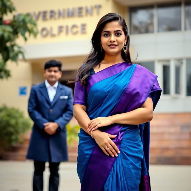 A woman standing elegantly in a blue saree with a striking purple border, symbolizing grace and beauty, in front of a backdrop showcasing a Nepalese government office