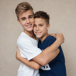 Justin Bieber, wearing his signature casual clothes, tightly hugs a young boy