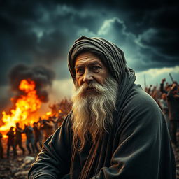 A striking cinematic image of a serene old man with a long, flowing beard, wearing a distressed, weathered cloth wrapped around his head, sitting calmly in the corner of the screen