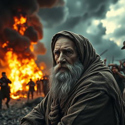 A striking cinematic image of a serene old man with a long, flowing beard, wearing a distressed, weathered cloth wrapped around his head, sitting calmly in the corner of the screen