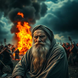 A striking cinematic image of a serene old man with a long, flowing beard, wearing a distressed, weathered cloth wrapped around his head, sitting calmly in the corner of the screen