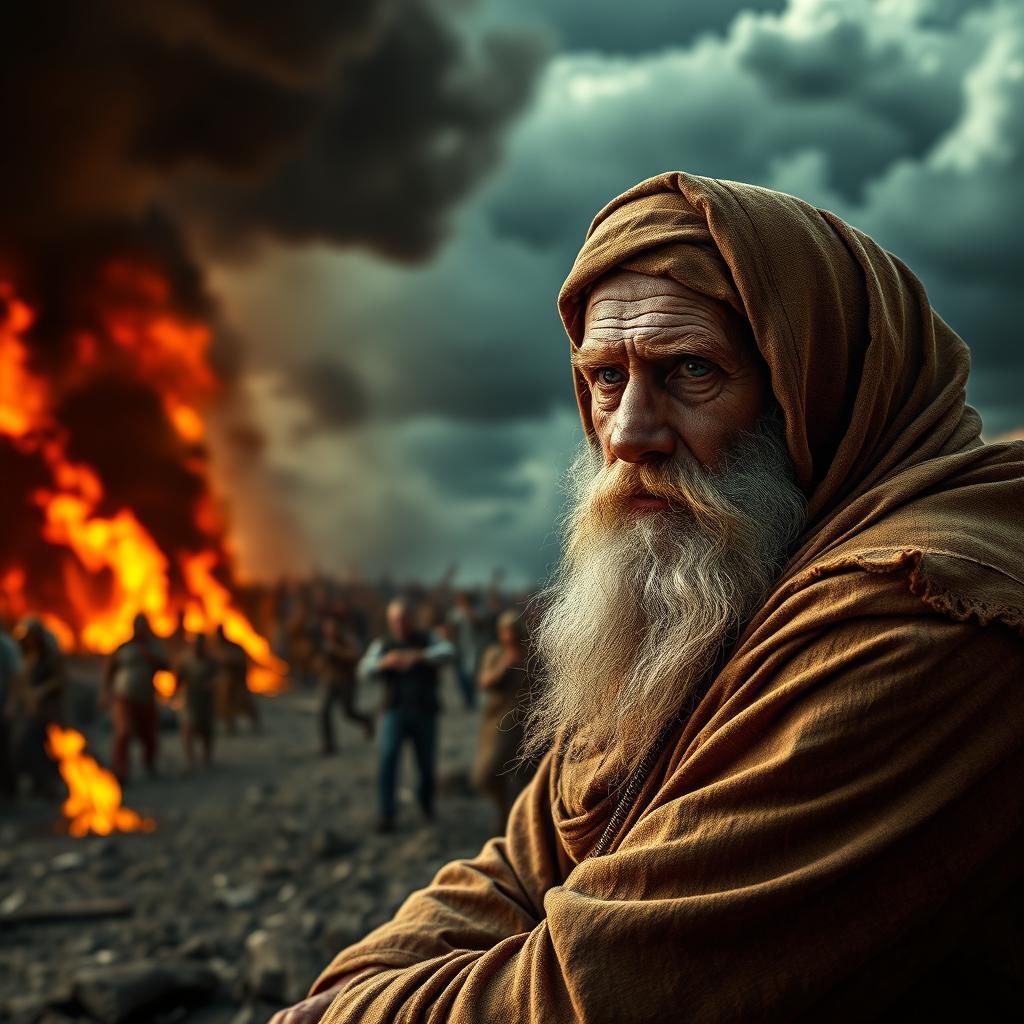 A striking cinematic image of a serene old man with a long, flowing beard, wearing a distressed, weathered cloth wrapped around his head, sitting calmly in the corner of the screen