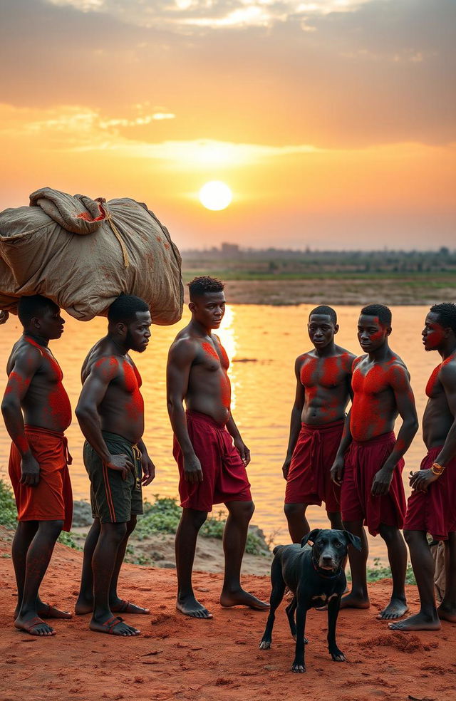 A serene evening scene on an open river bank, depicting the setting sun casting warm golden hues across the sky