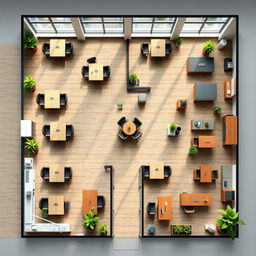 An aesthetically pleasing and efficient office floor plan featuring open spaces for teamwork, designated quiet zones for focused work, and private offices