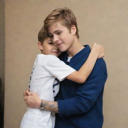 Justin Bieber, wearing his signature casual clothes, tightly hugs a young boy