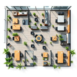 An aesthetically pleasing and efficient office floor plan featuring open spaces for teamwork, designated quiet zones for focused work, and private offices