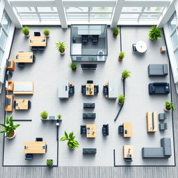 An aesthetically pleasing and efficient office floor plan featuring open spaces for teamwork, designated quiet zones for focused work, and private offices