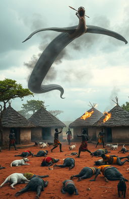 A dramatic scene set in a traditional African homestead featuring seven round huts made of mud and thatch