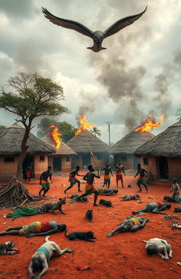 A dramatic scene set in a traditional African homestead featuring seven round huts made of mud and thatch