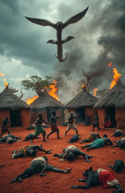 A dramatic scene set in a traditional African homestead featuring seven round huts made of mud and thatch
